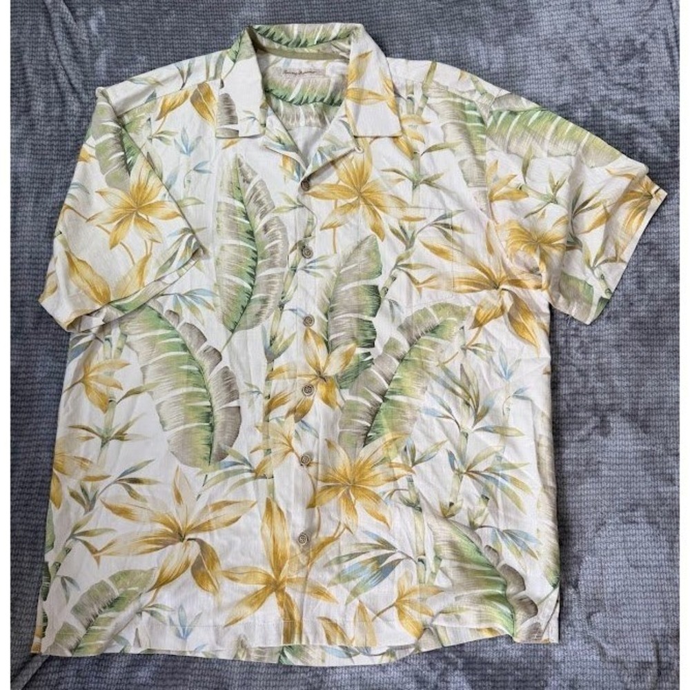 Tommy Bahama Mens Large 100% Silk Tropical Floral Palm‎ Leaf Camp Shirt Yellow L